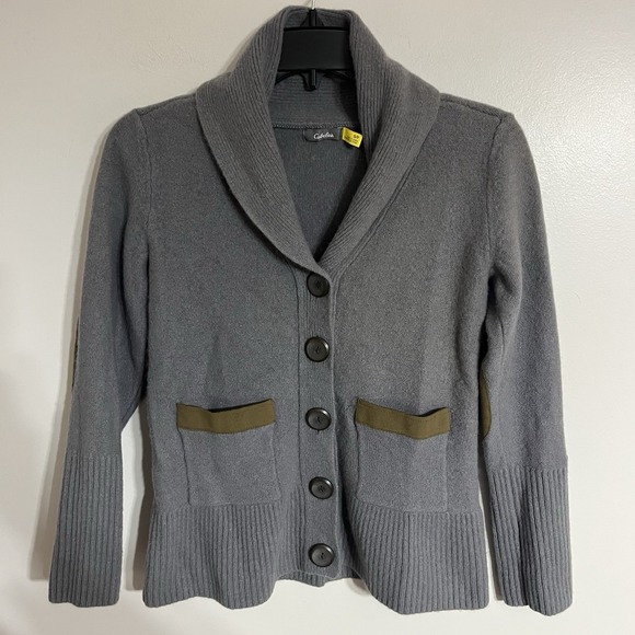 Cabela's Sweaters - Cabelas 100% Lambs Wool Leather Elbow Patch Cardigan Size‎ Small Gray Shawl Neck